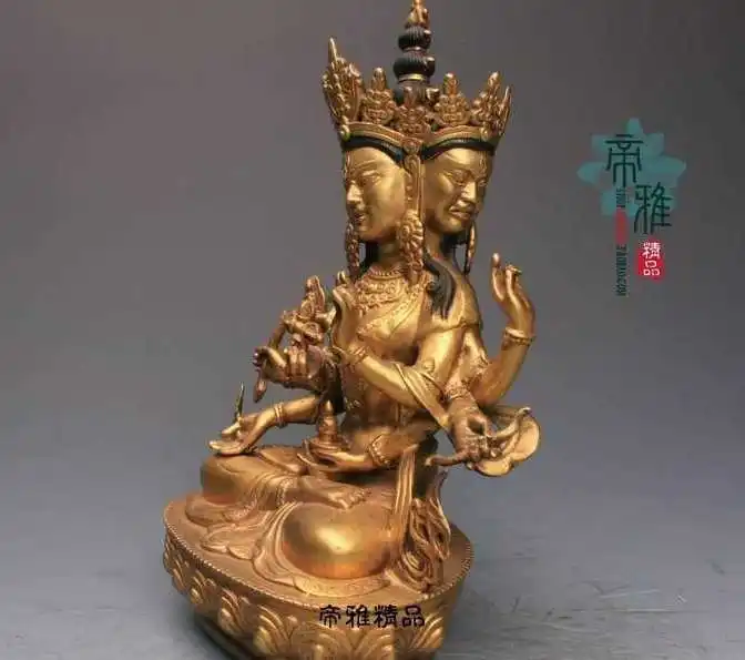 Tibet Copper 24K Gold Gild Three Head Eight Arm Kwan-yin Guanyin Buddha Statue | Дом и сад
