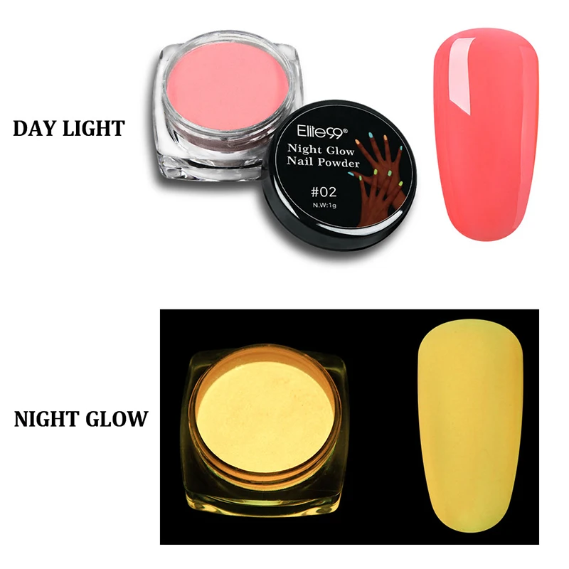 Светящийся пигментный порошок Elite99 смешанный с УФ гель для ногтей светится в