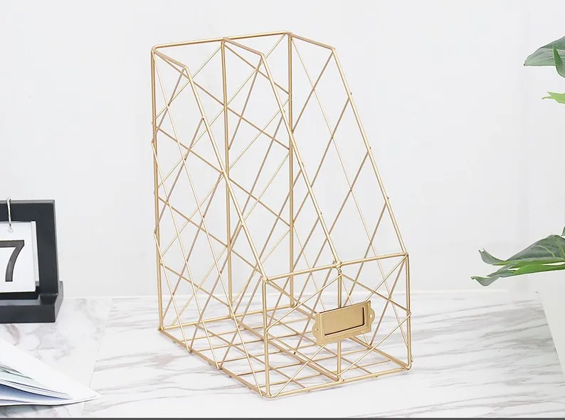 Double layer gold Офисный домашний стеллаж для файлов, металлическая полка для хранения книг из кованого железа, настольная полка для хранения, Офисная стойка, канцелярский органайзер, держатель - Цвет: Double layer gold