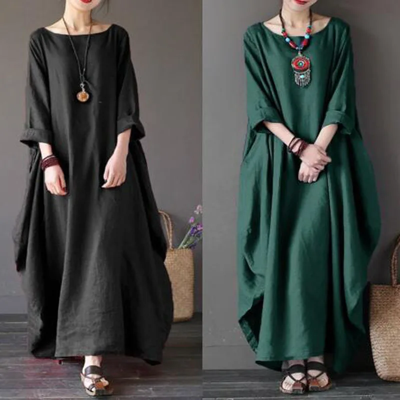 New Crew Neck Batwing Sleeve Baggy Long Dresses Women Casual Party Kaftan Solid Spring Summer Dress Robe Plus Size Clothes | Женская