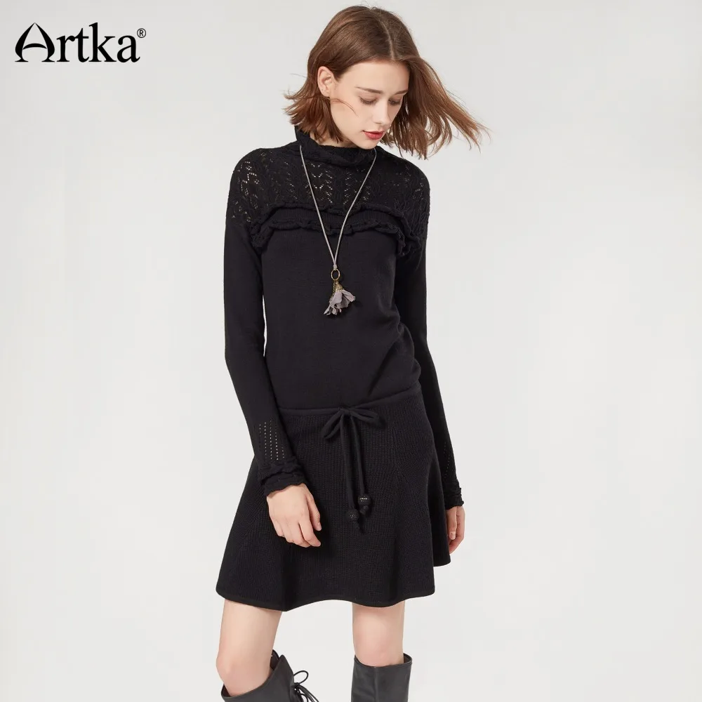 Женское шерстяное платье-свитер ARTKA длинное кружевное платье-пуловер с оборками