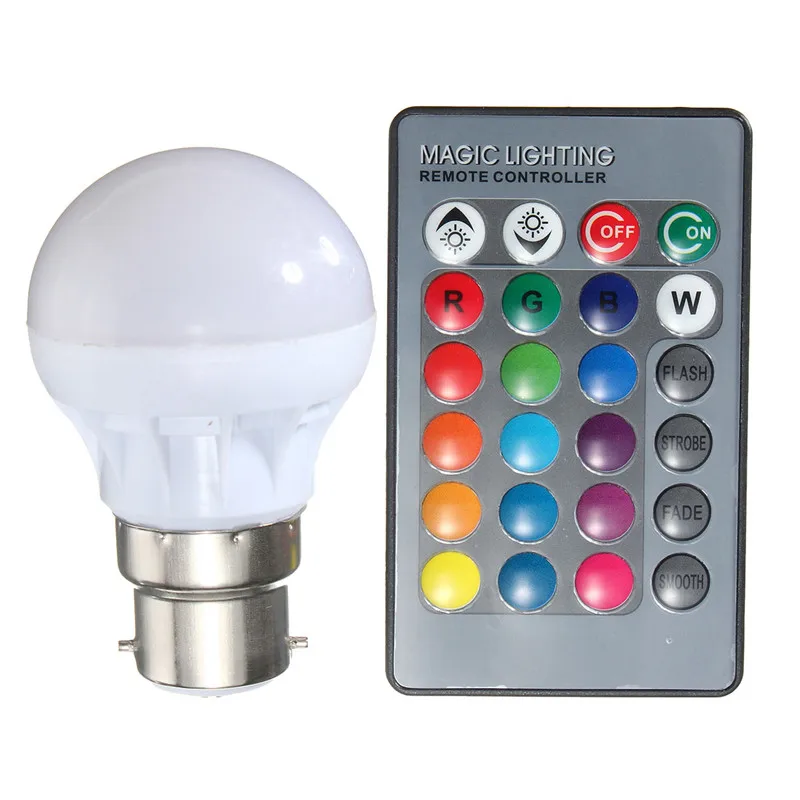 RGB Светодиодная лампа E27 B22 3 Вт 16 цветов волшебная с ИК пультом дистанционного