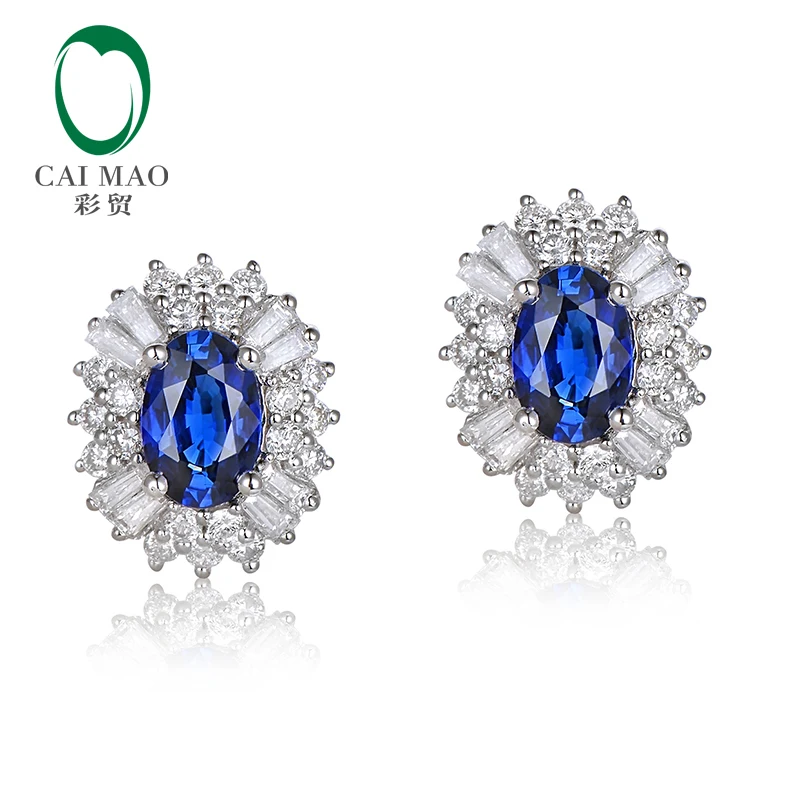 1.04ct натуральный голубой сапфир 0.64ct Diamond 14kt белое золото серьги-гвоздики ювелирные изделия
