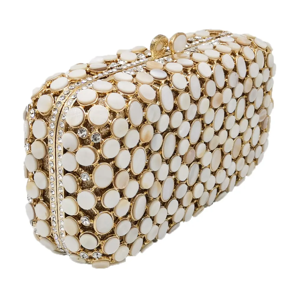 Boutique De FGG Natural Shell Women Evening Bags Minaudiere Handbags Wedding Formal Dinner Mother of Pearl Crystal Clutch Purse