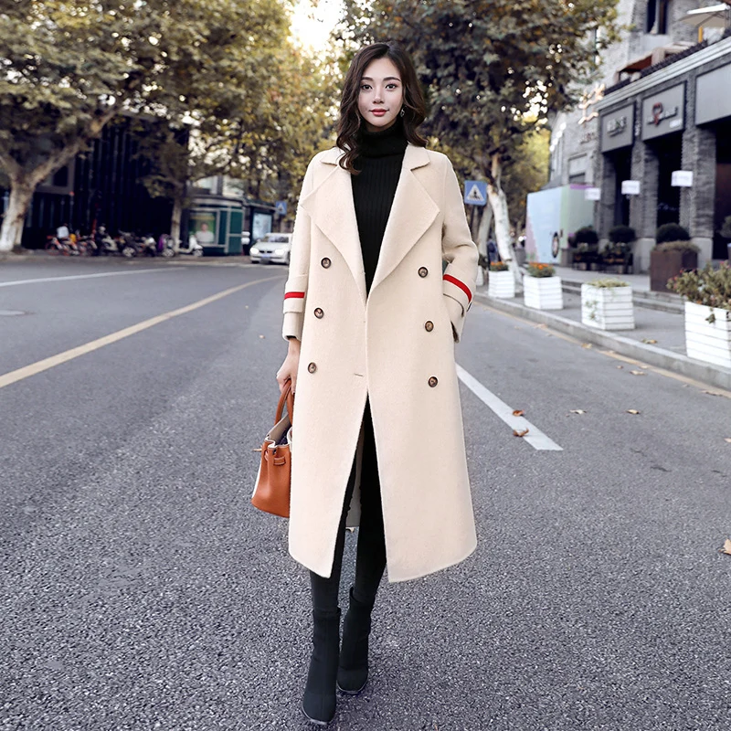 Smoky blue Double-breasted woolen coat female long section 2019 new spring autumn popular Hepburn wind z34 | Женская одежда