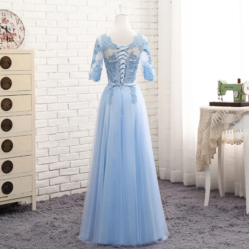 Женское вечернее платье до пола Robe De Soriee синее длинное кружевное с аппликацией