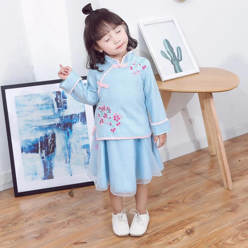 Китайский костюм hanfu для девочек хлопковое льняное платье традиционная