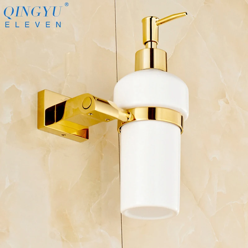

QINGYU ELEVEN Soild Brass Ceramics Soap Dispenser Luxury Gold Wall Mounted bathroom hand wash Liquid Soap Dispenser