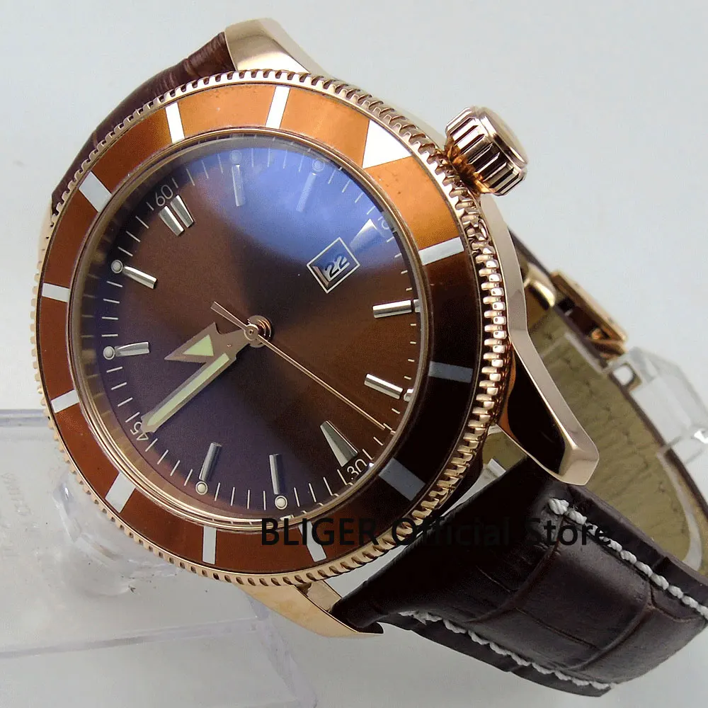

BLIGER Sterile Automatic Men's Watch With Date Window Gold Watch Case Leather Strap 46mm Wristwatch