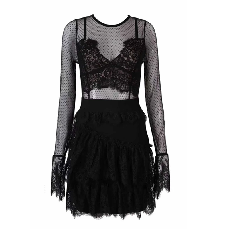 Женское Сетчатое платье с длинным рукавом Элегантное Черное вечернее