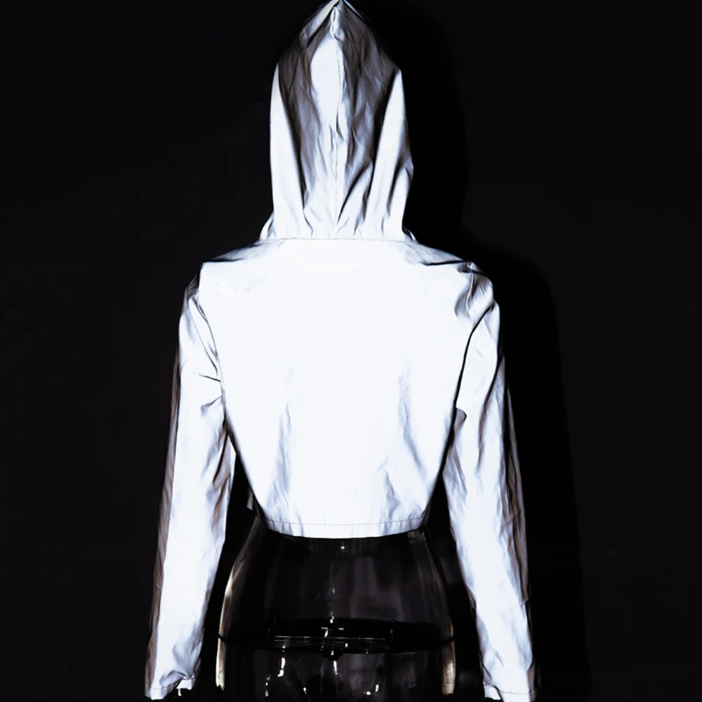 Fashion Women Reflective Turn-down Collar Buckle Drawstring Jackets Long Sleeve Cropped Coat Ladies Basic Jacket Suit | Женская одежда