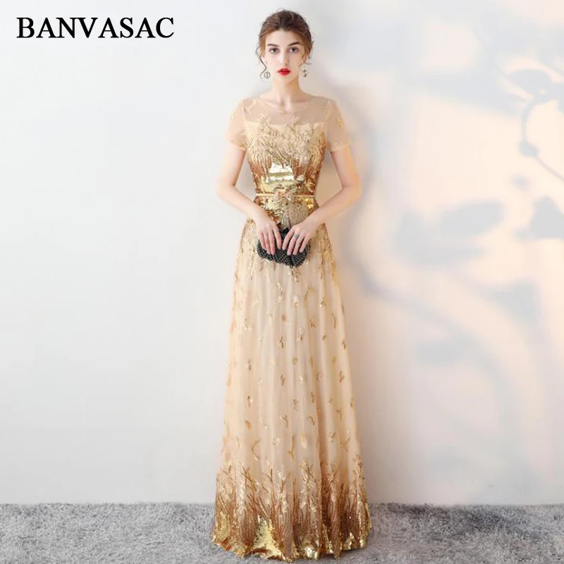 BANVASAC 2018 г. блестящие Длинные вечерние платья трапециевидной формы с круглым