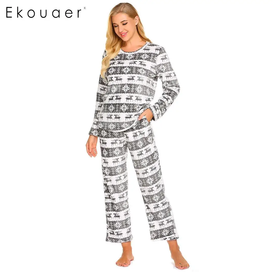 Ekouaer/осенне зимние женские пижамные комплекты пижамы с длинными рукавами и