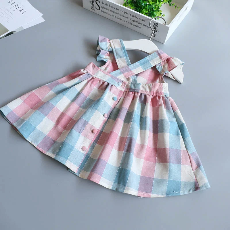 Baby Girls Dress Plaid Pattern Petal Sleeveless A-line Backless Kids Casual Linen Clothing Button Behind Fashion Clothes | Детская
