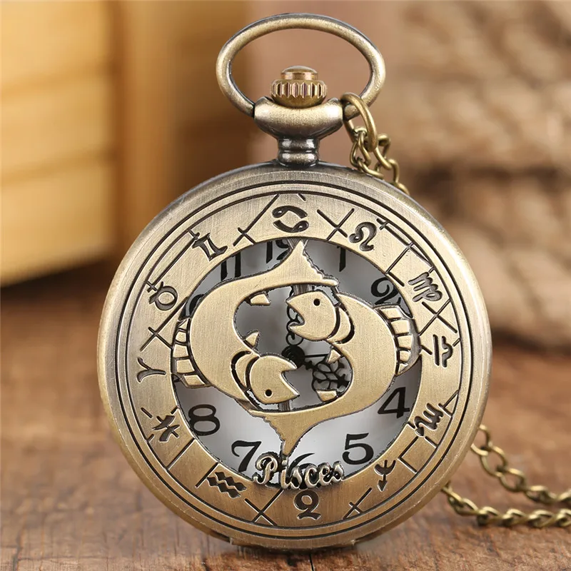 

Constellation Pisces Watches Bronze Quartz Pocket Watch Necklace Pendant Zodiac Clock Fob Chain Cute Fish Creative Gift Boy Girl