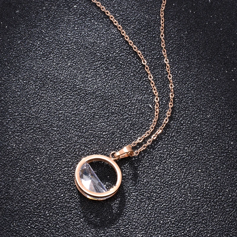 

YUN RUO Fashion Semi-circle Crystal Pendant Necklace Rose Gold Color Titanium Steel Jewelry Woman Birthday Gift Hypoallergenic