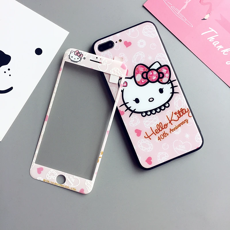 Стеклянная задняя чехол для iPhone 8 plus kitty + протектор экрана мультфильм Милый Котик