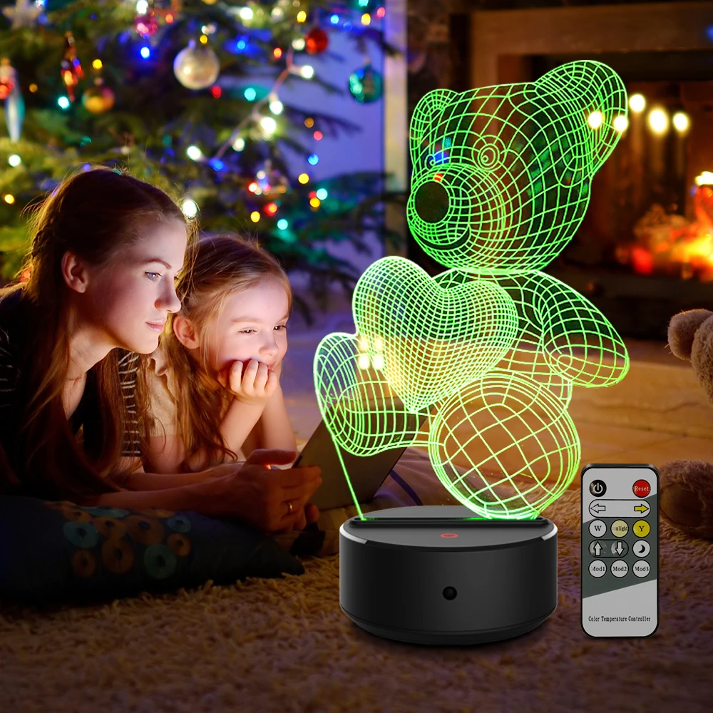 

Cartoon Cute Heart Bear Hold Heart Shape Acrylic LED Lamp 3D Night Light 7 Color for Baby Children Sleeping Lighting Child Gift