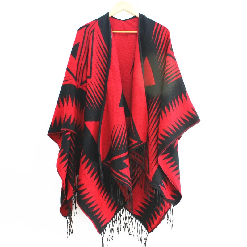 SUMEIKE Boho Для женщин вязаный кардиган пончо зима геометрический узор кисточкой