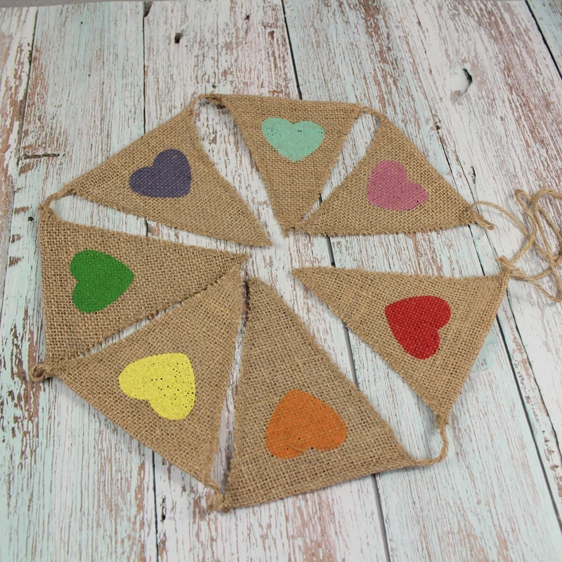 

5sets/lot Colorful Heart Jute Burlap Fabric Bunting Banner flag christmas decoration Rustic Wedding decor decoracion vintage