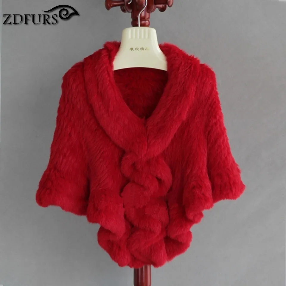 ZDFURS* ручной работы, натуральная, шапка с кремким мехом кролика накидка с гофрированным подолом Для женщин из натурального меха шаль Обёрточная бумага плащ Batwing палантин ZDKR-165024 - Цвет: red