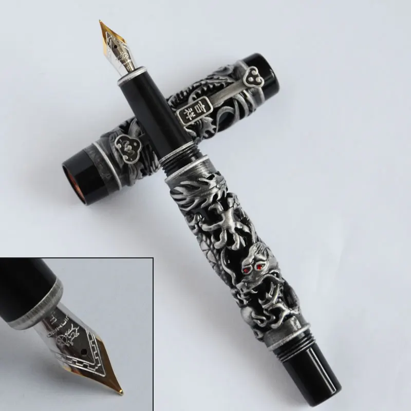 Авторучка NOBLE JINHAO антикварная серебряная и черная Дракон Феникс 18KGP изящный