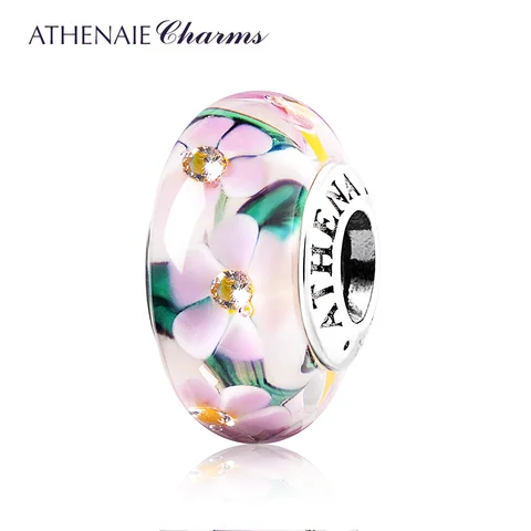 Athenaie Настоящее муранское стекло 925 серебро ядро цветок сад шармы, бусины европейские браслеты ожерелье для женщин DIY ювелирные изделия