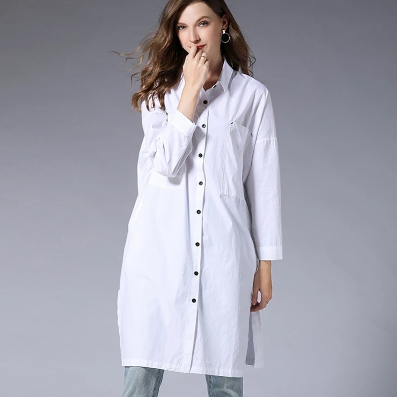 summer spring woman dress shirt black white knee length cotton fashion casual office straight plus size | Женская одежда
