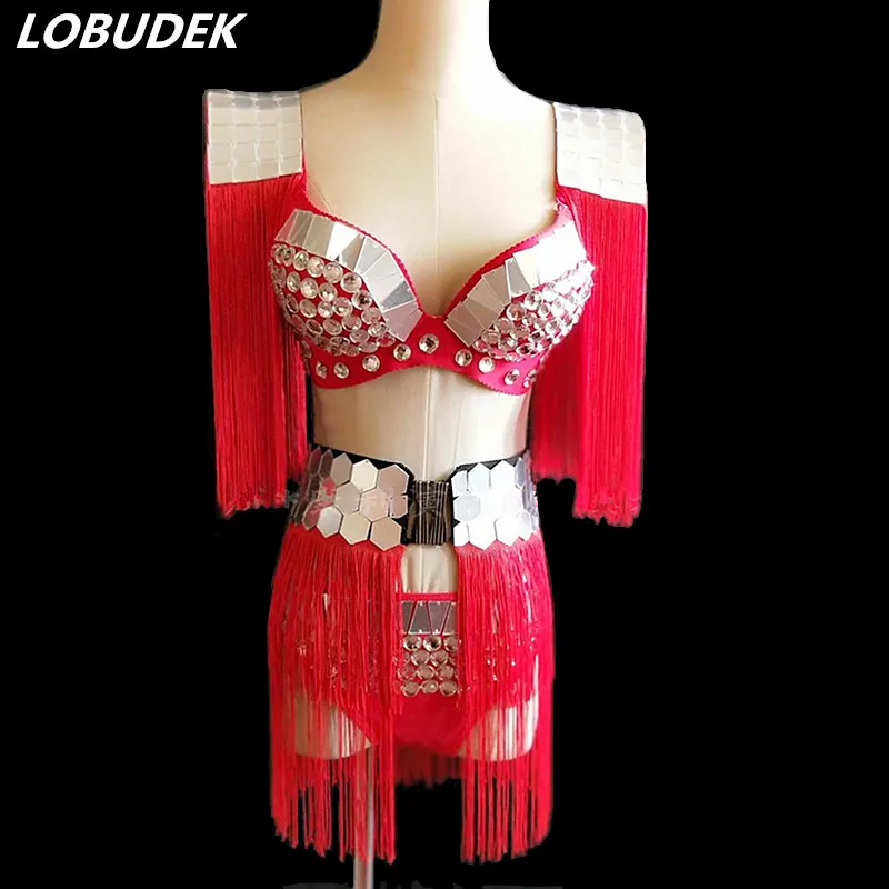 (Бюстгальтер + шорты ремень) красный бикини с кисточками комплект из 3 предметов