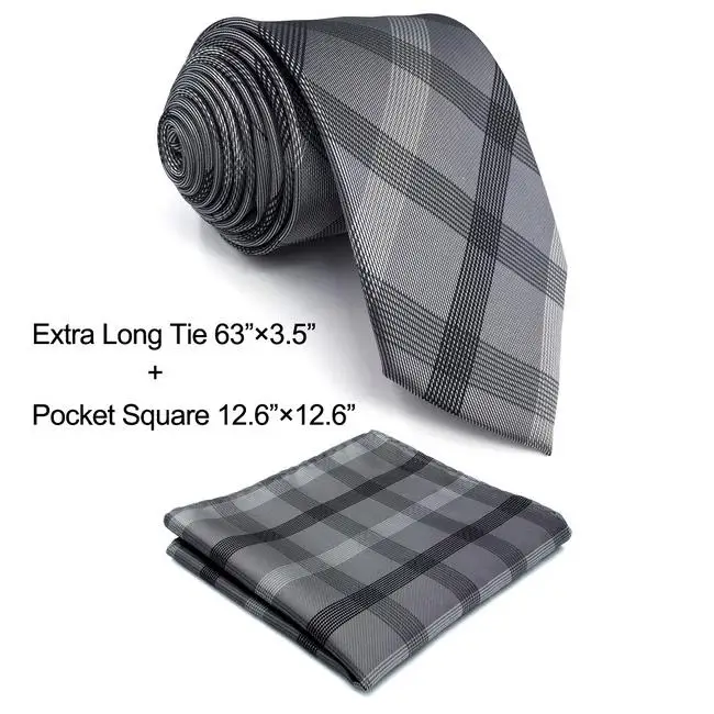 Extra Long Tie Set Темно-серый шашки мужской набор галстуков Классический аксессуар свадебный квадратный Карманный Xlong шелк - Цвет: Extra Long Tie Set