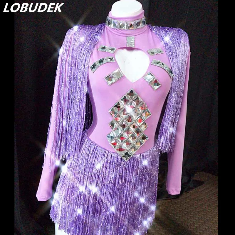 6 Colors Sparkly Crystals Long Sleeve Purple Bodysuit Nightclub Party Women Teams DJ Jazz Dance Costume Bar Singer Show Jumpsuit