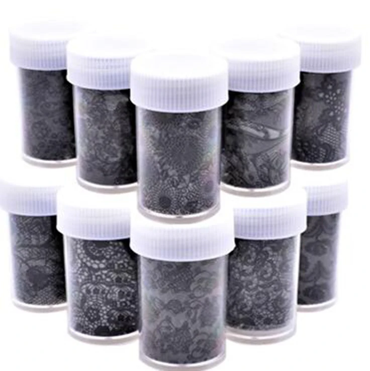

16 Bottles 16 Styles Foil Nail Art Transfer Paper Nail Wraps Black Lace nail foil for nail art- 1m x 4cm