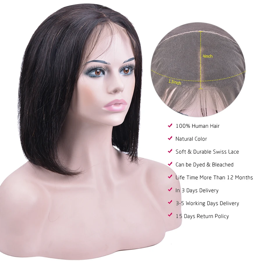 Short Lace Front Human Hair Wigs Bob Wig For Black Women Natural Color Brazilian Remy Free Shipping | Шиньоны и парики