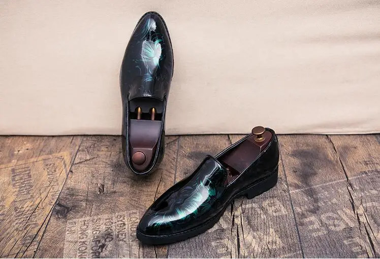 Genuine Patent Leather Men's Dress Shoes Printed Gradient Moccasin Gommino Low Heel Smart Casual Driving Height Increasing | Обувь