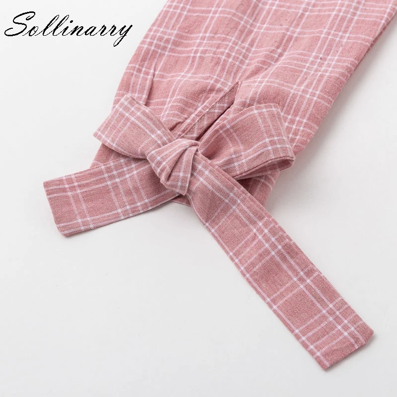 Sollinarry Pink plaid Long Sleeve Crop Womens Tops and Blouse Casual V-Neck Feminino Cardigan Bow Shirt Blusa |