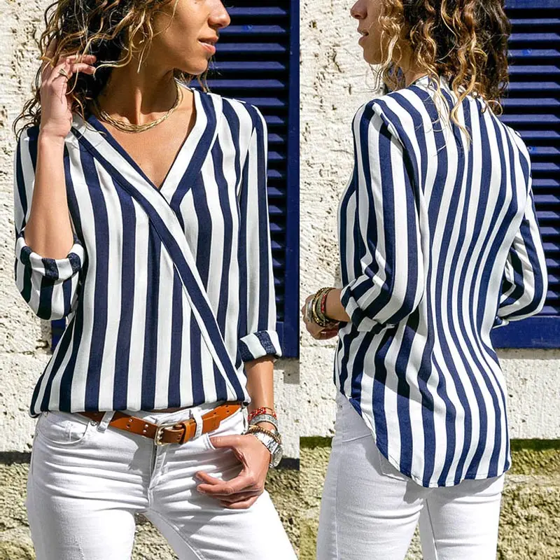 

Newly Women Casual Striped Shirt Office Long Sleeve Sexy V-Neck Blouse Spring Autumn Tops m99