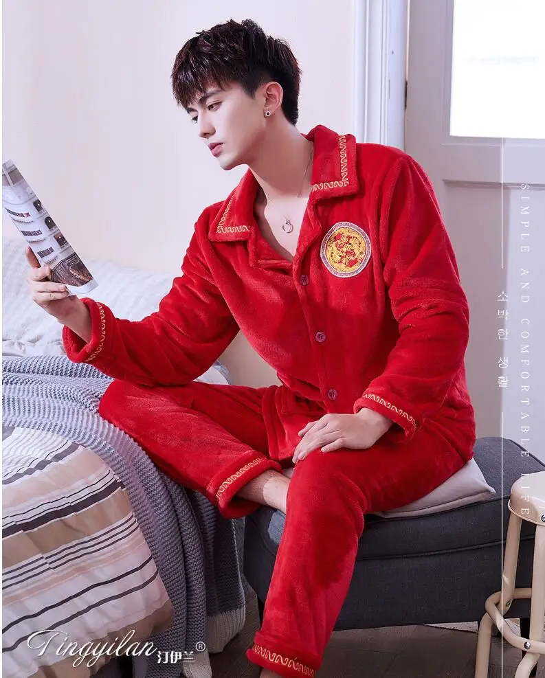 Pijama Masculino, Мужская пижама с вышивкой, зимняя теплая фланель, коралл, флисовая Пижама для мужчин, одежда для сна, Ночная одежда