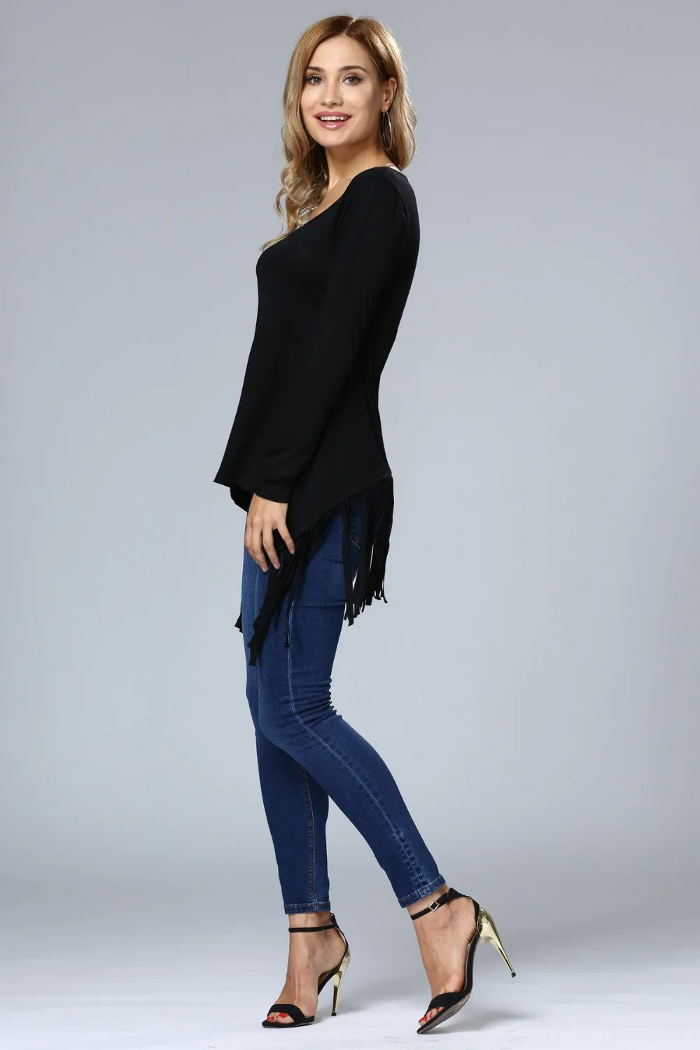 Free Shipping Black Casual Deep V-Neck Fringe Plain Long Sleeve T-Shirt For Women 3SZ60011 | Женская одежда