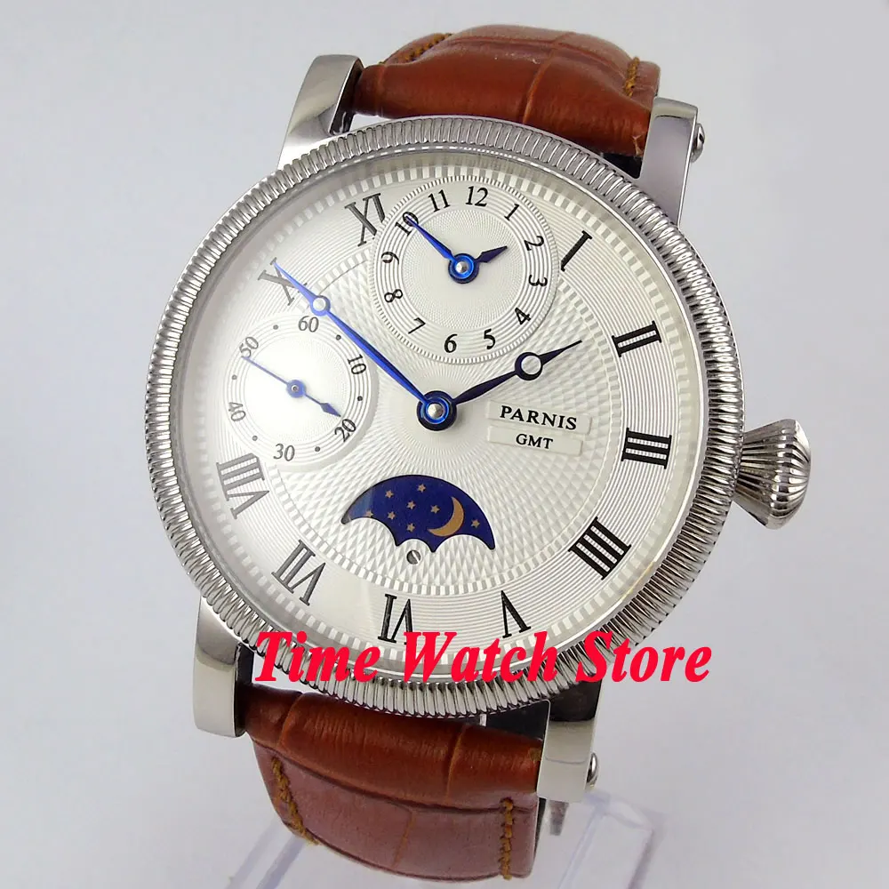 Парнис 42 мм Функция GMT с ручным заводом Для мужчин мужские часы белым циферблатом