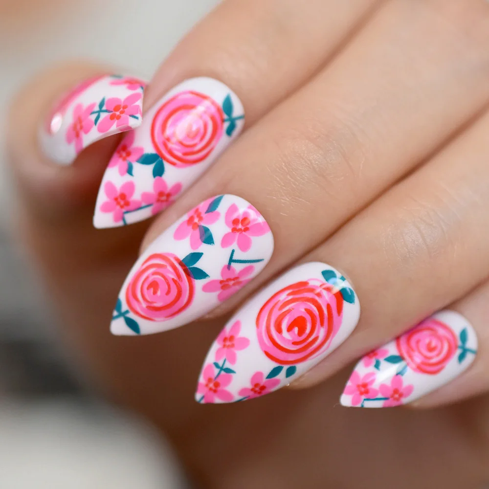 

Hot Red Rose Stiletto False Nails Flowers Garden Pattern Press on Almond Fake Nail Tips Daily Office Fingernail Glue on Wear