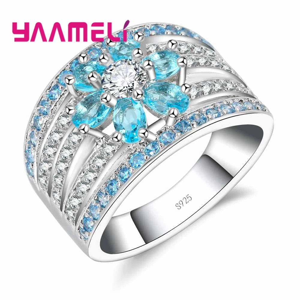 Brand Blue Stone Ornament With White Crystal Flower Shape 925 Sterling Silver Rings For Women Christmas Present | Украшения и