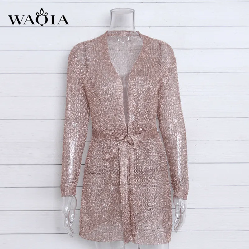 WAQIA блестящие вязаные ажурные розовое золото платья для женщин 2018 глубокий v
