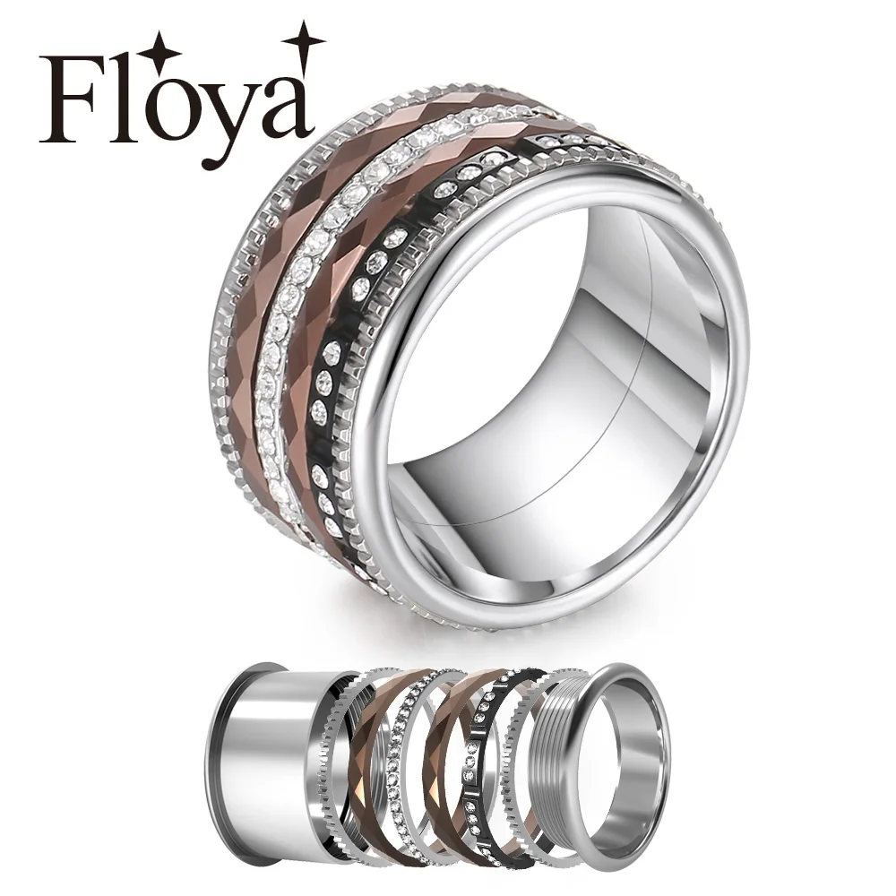 Floya Titanium Rings Black Stainless Steel Ring For Women Wedding Interchangeable Full Zircon Band Bague Femme Acier Inoxydable