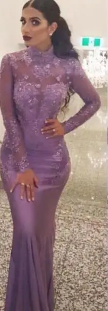 Robe de soiree, арабское сиреневое вечернее платье,, высокая горловина, длинные рукава, кружева, аппликация, Русалка, выпускное платье, официальное платье - Цвет: Photo Color