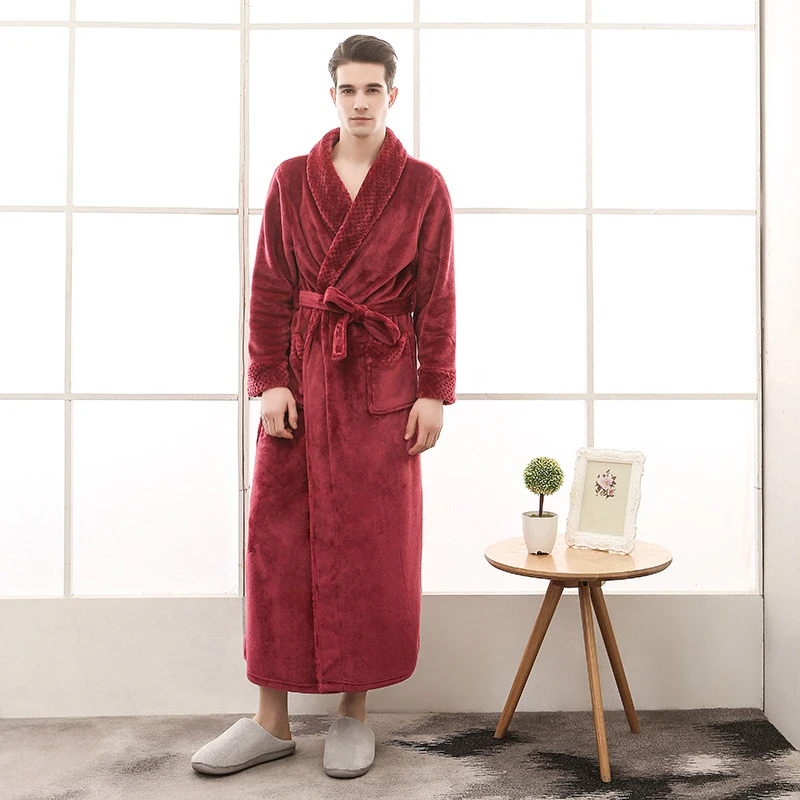 WineRed For Man Зимний однотонный халат для пар, женский и мужской фланелевый банный халат, одежда для сна, толстый теплый длинный женский халат, Прямая поставка - Цвет: WineRed For Man