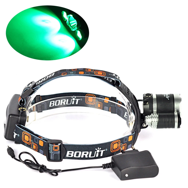 BORUIT 6000LM 3x XM-L T6 + 2R2 зеленый светодиод 2X 18650 налобный фонарь зарядное устройство |