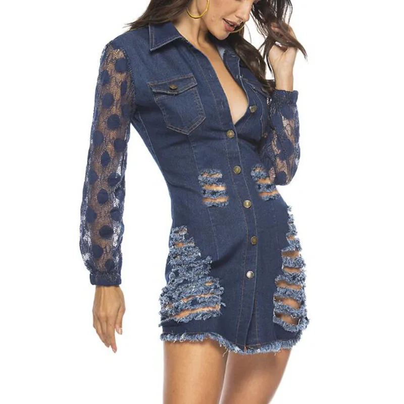 Сексуальное женское Сетчатое джинсовое платье с дырками модное мини-платье