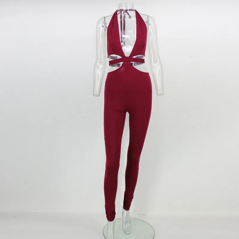 DRESSMECB Глубокий V шеи повязки Холтер Стиль Тощий боди эластичный выдалбливают обтягивающий комбинезон без рукавов Спецодежда Клубная одежда