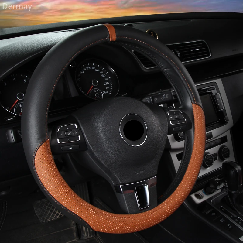 

Sport Genuine Leather Steering Wheel Cover 38CM Fit VW Sagitar MAGOTAN GOLF GTI POLO JETTA SANTANA PASSAT TIGUAN TOURAN TOUAREG
