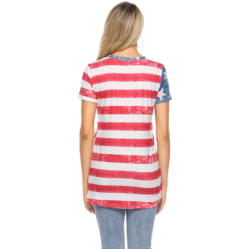 Женская футболка с принтом флага Америки круглым вырезом и узлом топы короткими